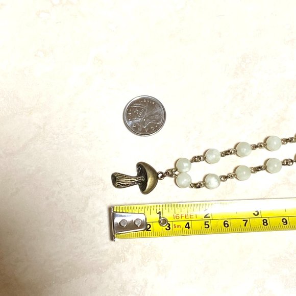 Natural Pale Green Serpentine Necklace, Bronze Slim Mushroom + Genuine Gemstone - Picture 11 of 14